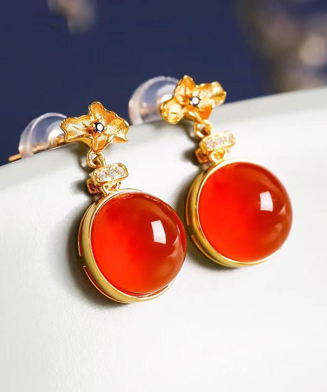 Red Sterling Silver Inlaid Zircon Agate Stud Earrings