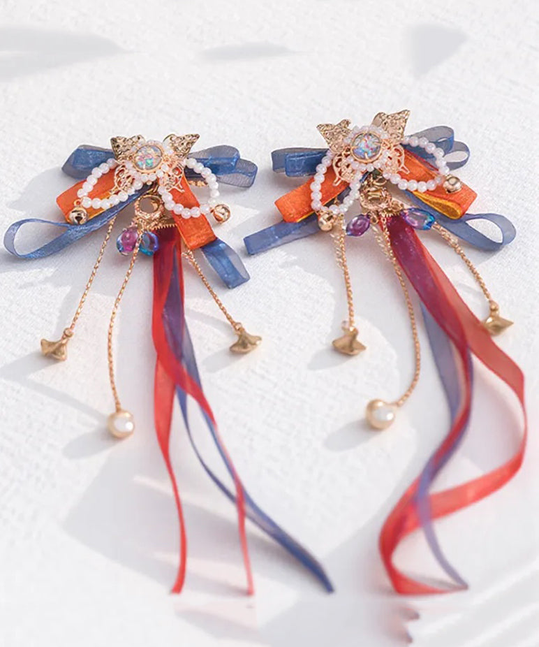 Rainbow Copper Alloy Tulle Beading Bow Ribbon a Pair Hairpin