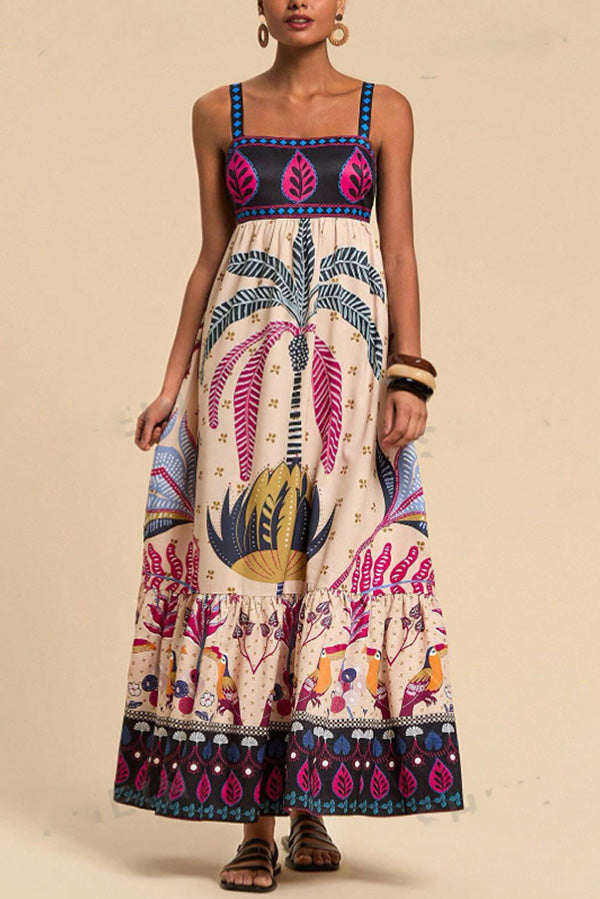 Tropical Print Backless Resort Maxi Dress