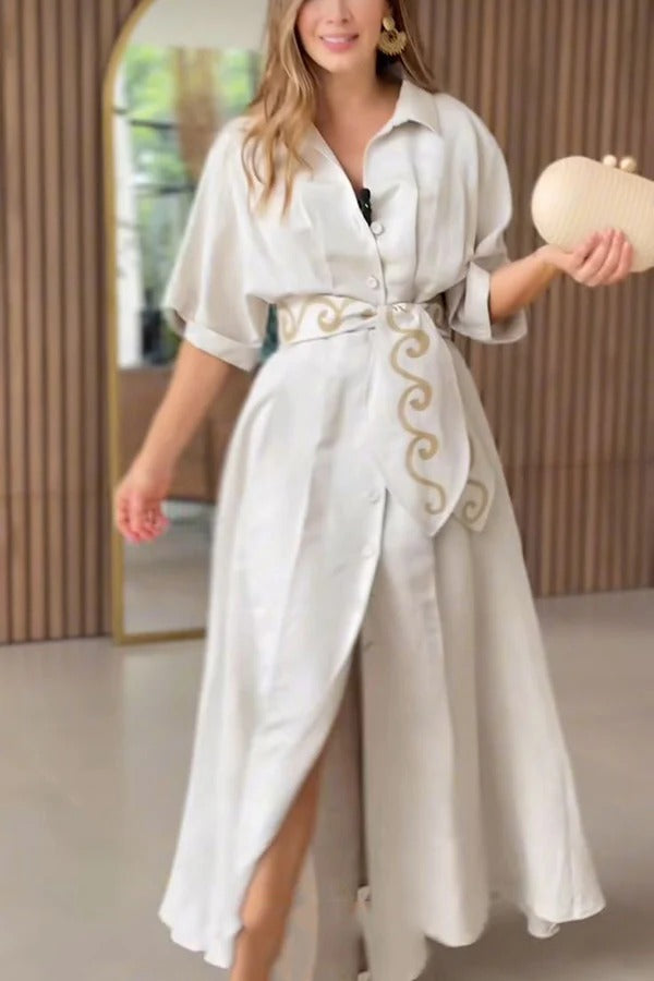 Color Lapel Pocket Pattern Lace-up Loose Maxi Dress
