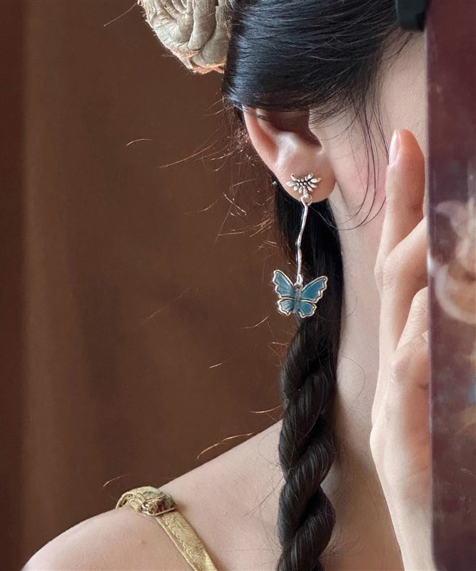 Blue Sterling Silver Overgild Asymmetrical Butterfly Drop Earrings