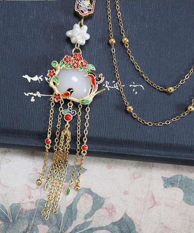 Retro Gold Overgild Pearl Jade Little Bird Tassel Brooch