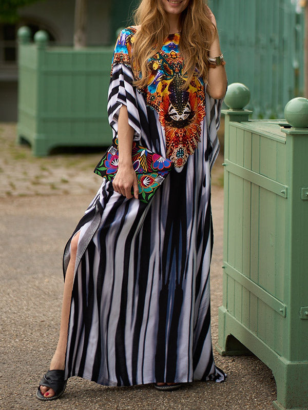 Batwing Sleeves Loose Printed Split-side Striped V-neck Beach Cover-up Maxi Dresses