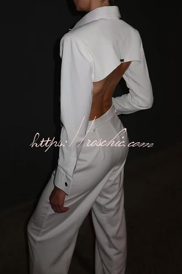 Style Long Sleeve Open Back Blouse and Pocketed Straight Leg Loose Pants Set