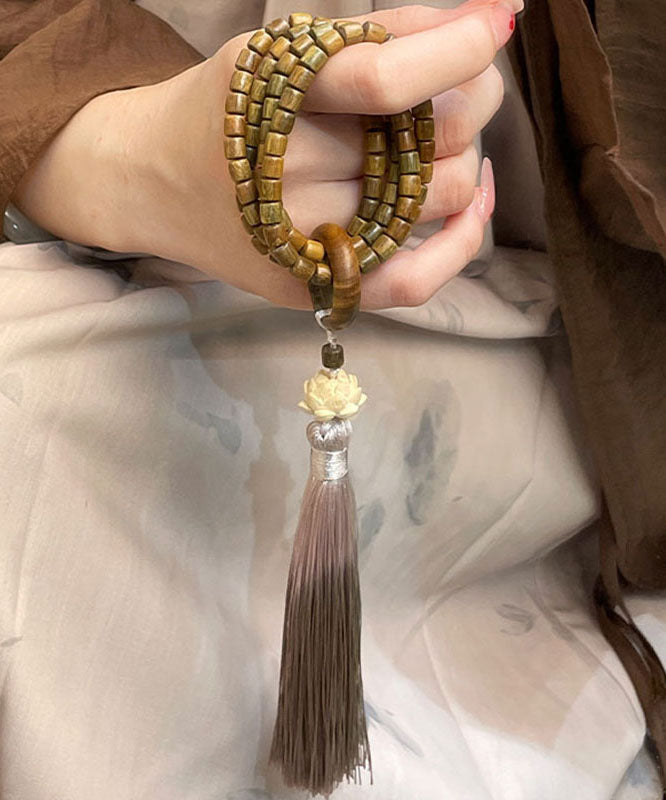 Retro Green Barrel Bead Lotus Tassel Bracelet
