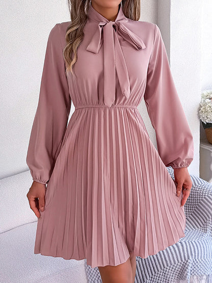 Long Sleeves Loose Pleated Color Tied Mock Neck Mini Dresses