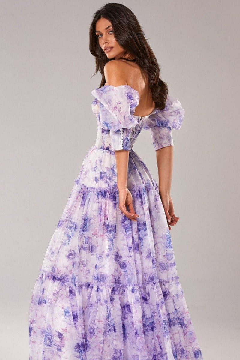 Print Off Shoulder Puff Sleeve Organza Maxi Dress