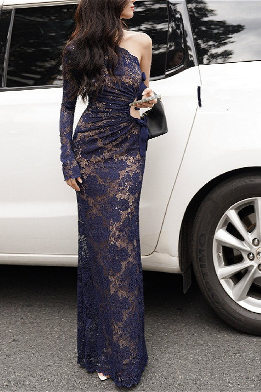 Lace One-shoulder Bow Maxi Dress