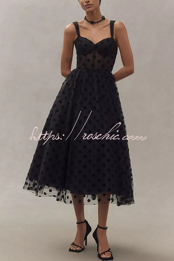 Perfect Guest Tulle Polka Dot Sweetheart Bustier A-line Midi Dress
