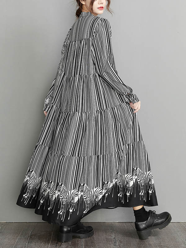 Loose Striped Buttoned Stand Collar Long Sleeves Midi Dress
