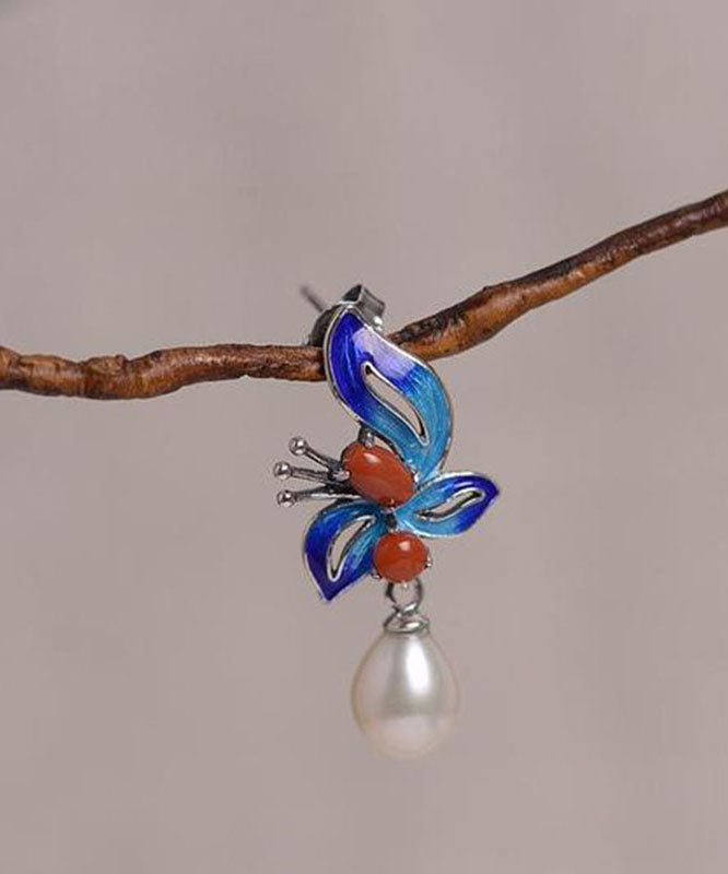 Blue Sterling Silver Cloisonne Jade Pearl Butterfly Stud Earrings