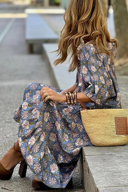 Unique Print Puff Sleeve Lace-up Loose Holiday Maxi Dress