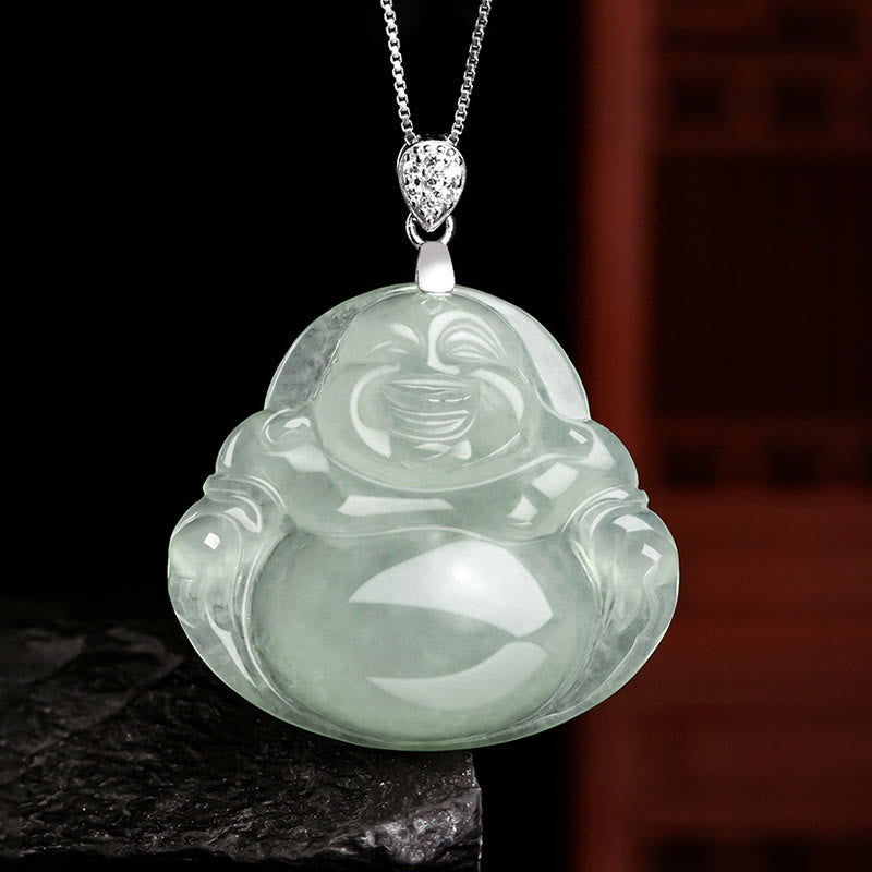 Buddha Stones Natural Jade Laughing Buddha Prosperity Abundance Titanium Steel Chain Necklace Pendant