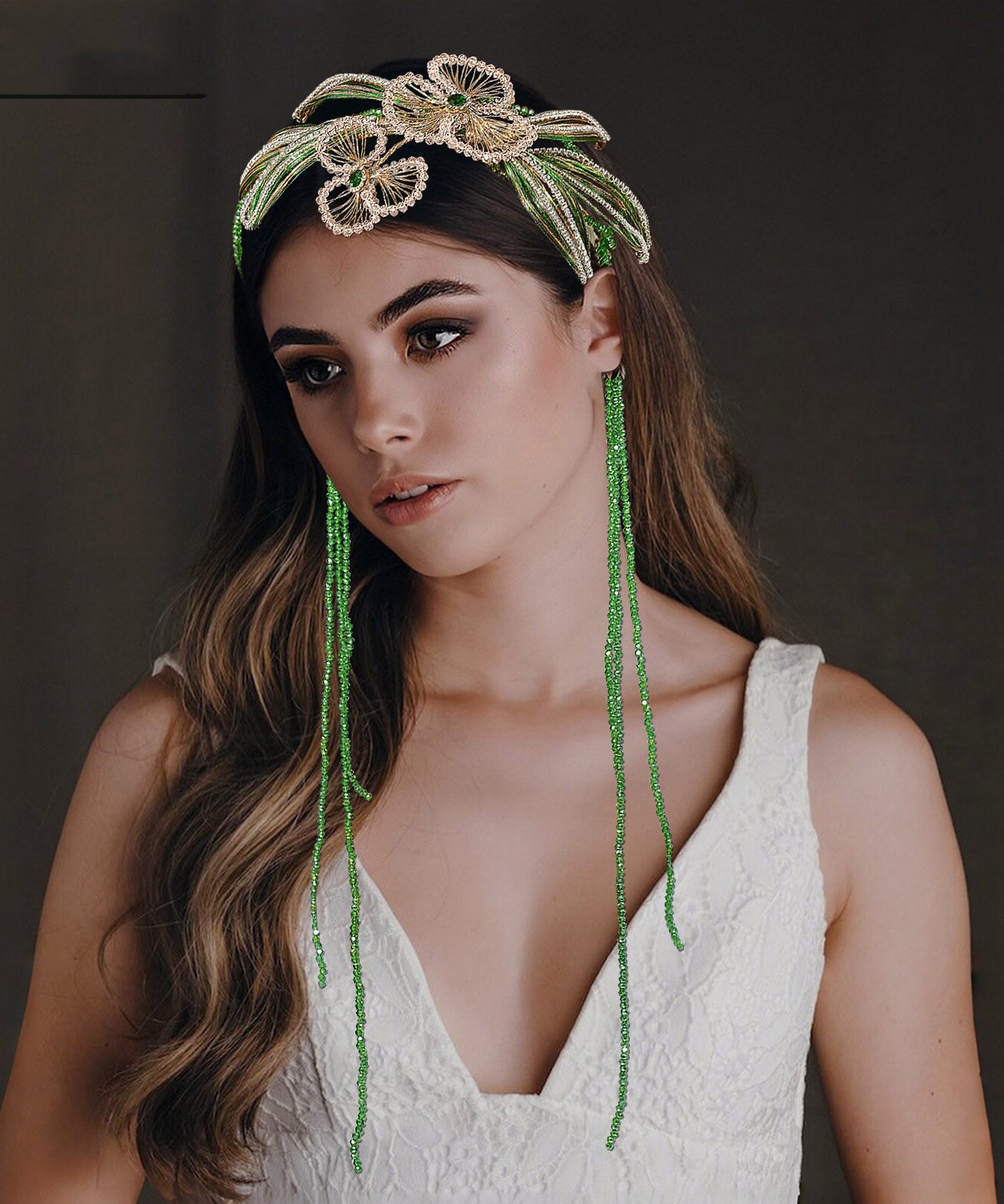 Fine Green Crystal Zircon Beading Tassel Hairpiece