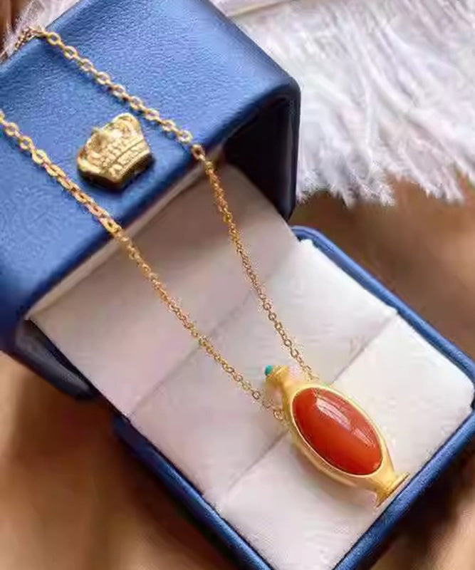 Red Sterling Silver Overgild Agate Pendant Necklace