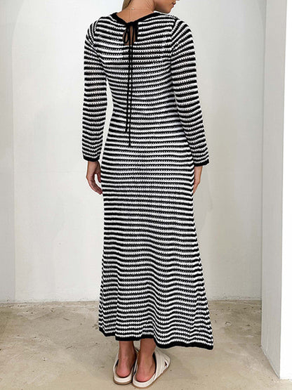 High Waisted Long Sleeves Contrast Color Striped Tied Round-neck Midi Dresses Sweater Dresses
