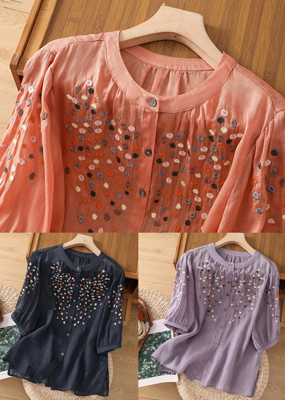 Grace Purple O Neck Embroideried Side Open Linen Blouse Spring Qb032