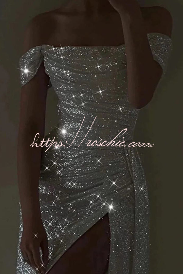 Silver Sequin Slit Off Shoulder Maxi Dress With Long Train