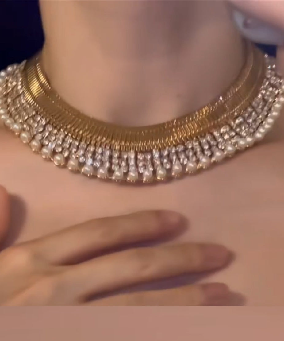 Gold Copper Alloy Zircon Pearl Gratuated Bead Necklace