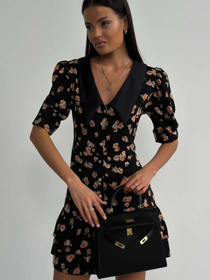 Short Sleeve Mini Dress for Robe Turn-down Collar French Dress High Waist Dresses