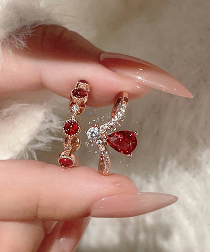 Retro Red Sterling Silver Overgil Zircon Gem Stone Rings Two-piece Set