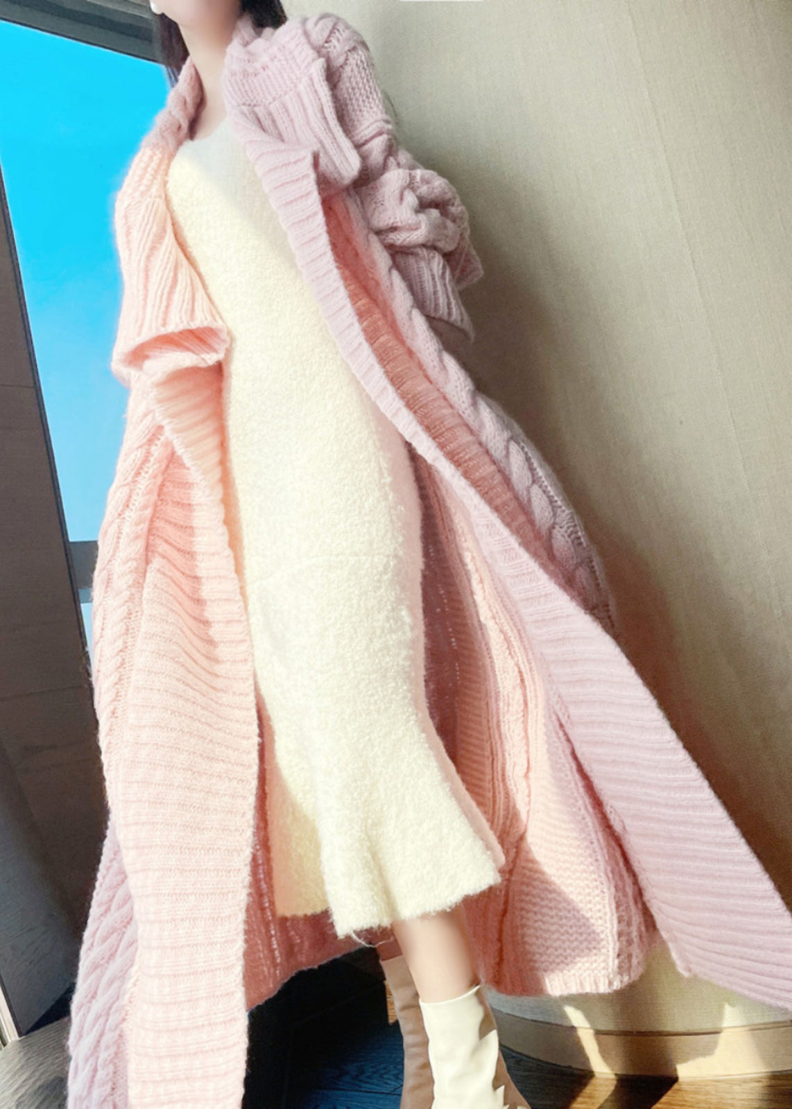 Loose Pink Pockets Hollow Out Wool Loose Cardigan Winter Qc010