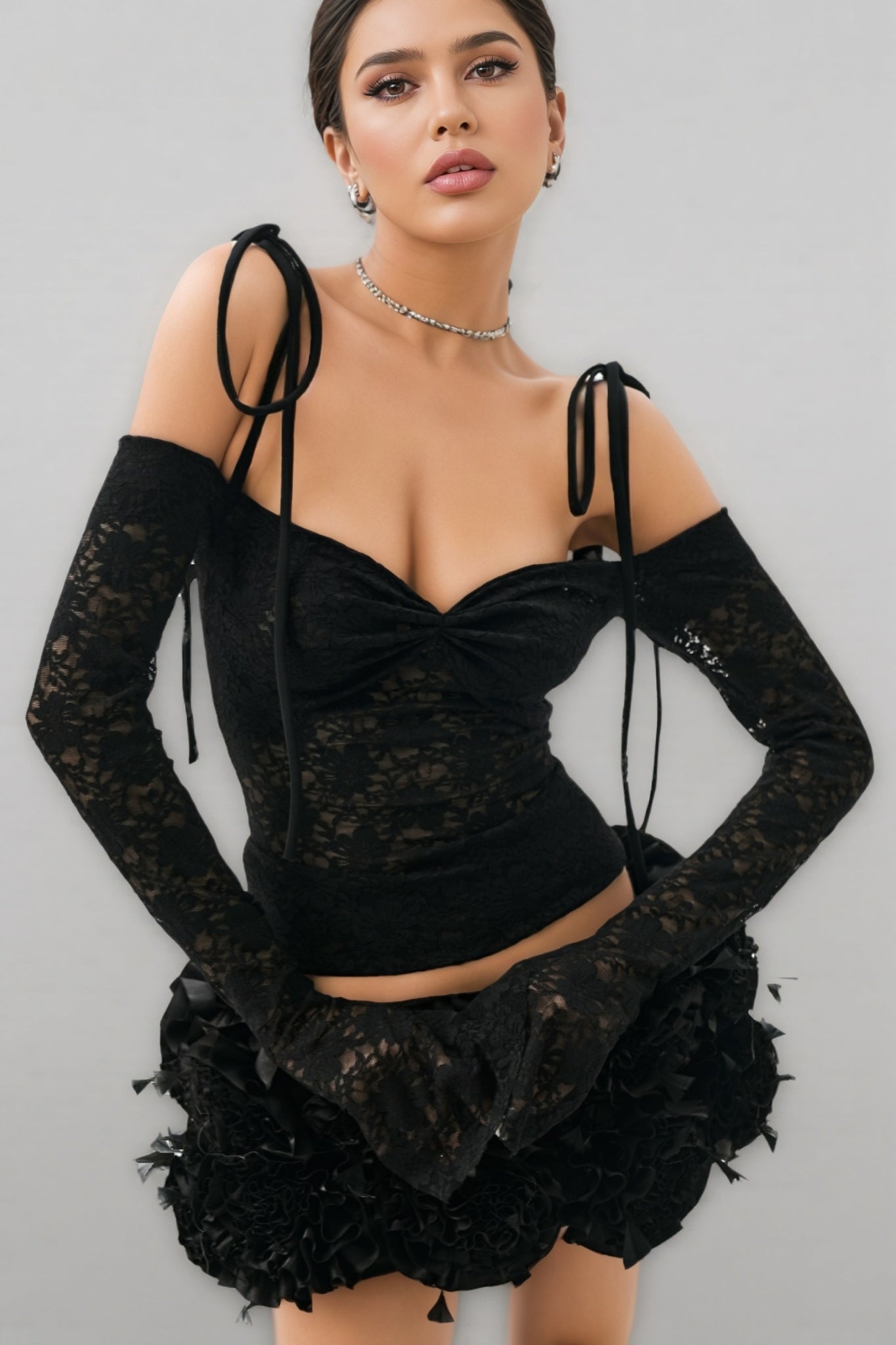 Leths Black Strapless 3d Flower Mini Dress Set