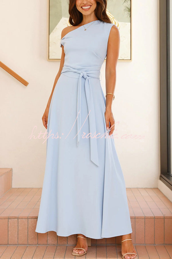 Color Sloped Collar Slim Fit Waist Lace Up Full Hem Maxi Dress