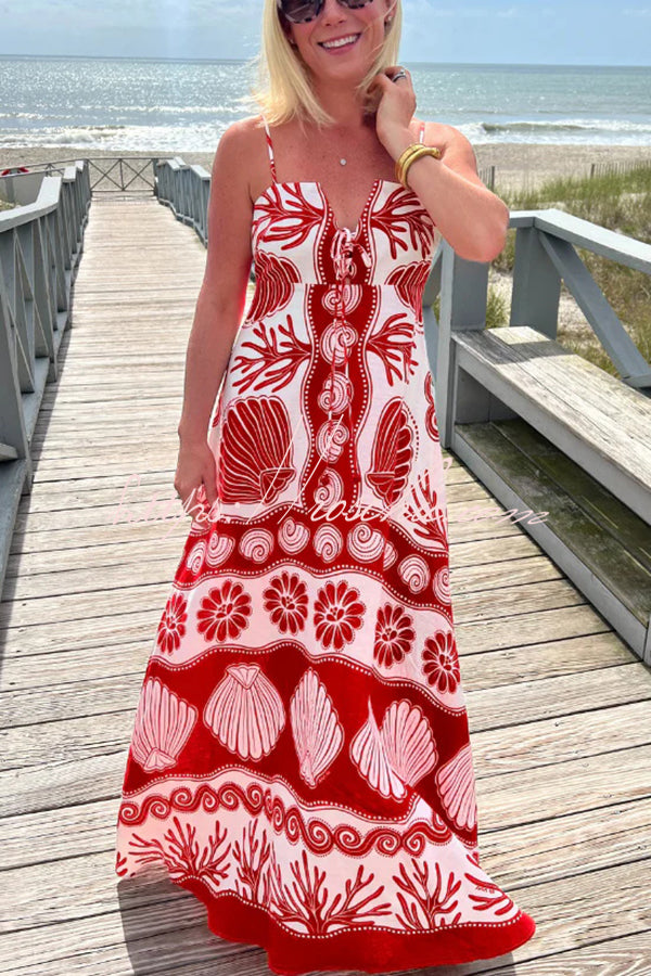 Shell Unique Print Front Lace-up Loose Maxi Dress