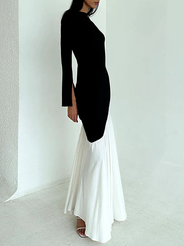 Bodycon High Waisted Contrast Color Pleated Split-joint Round-neck Maxi Dresses