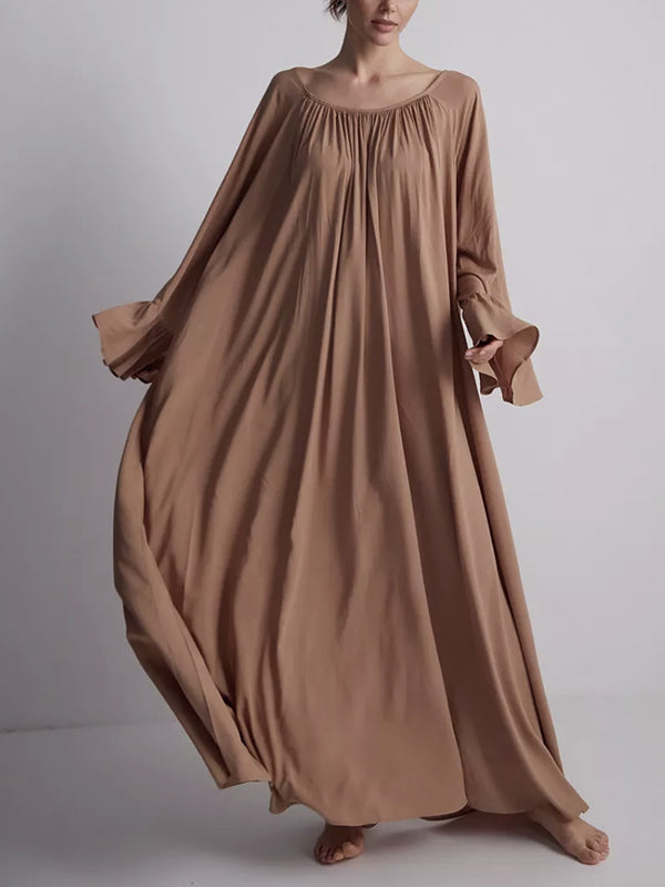 A-line Flared Sleeves Pleated Color Split-joint Round-neck Maxi Dresses