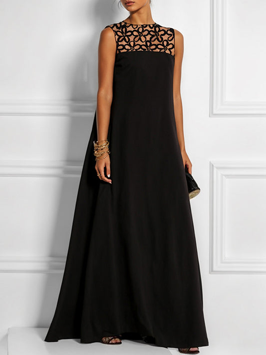Loose Sleeveless Hollow Color Split-joint Round-neck Maxi Dresses