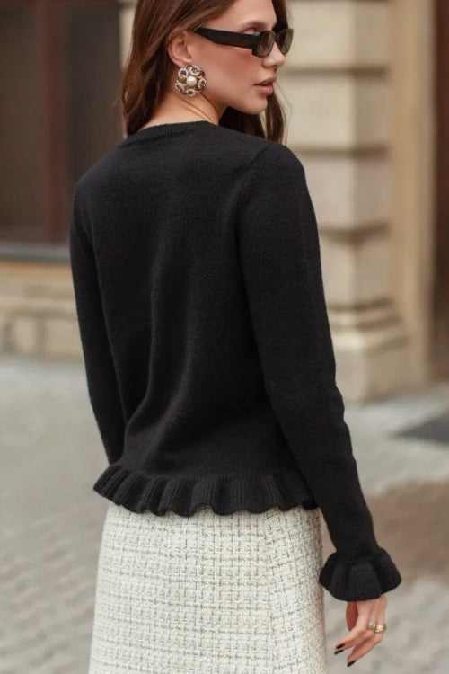 Crew Neck Layered Trim Long Sleeve Knit Cardigan