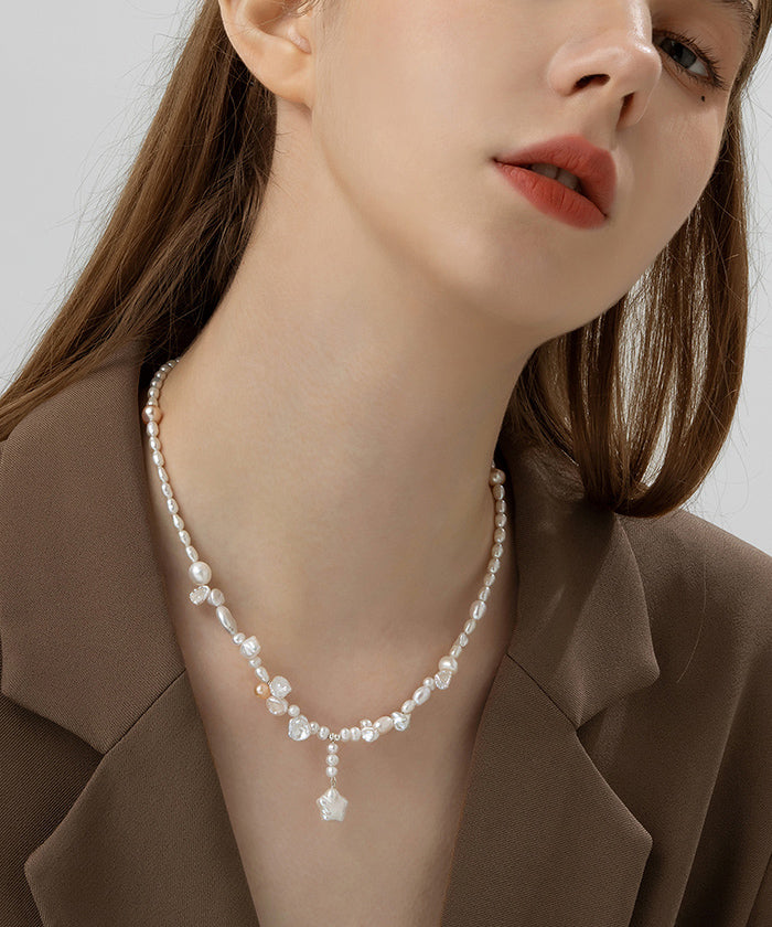White Sterling Silver Pearl Pentagram Pendant Necklace
