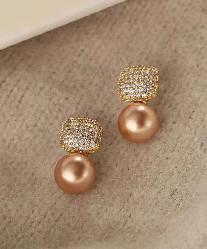 Champagne Copper Overgild Zircon Pearl Stud Earrings