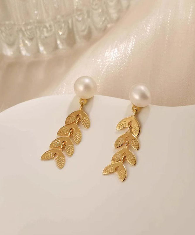 Gold Sterling Silver Overgild Pearl Ear of Wheat Stud Earrings