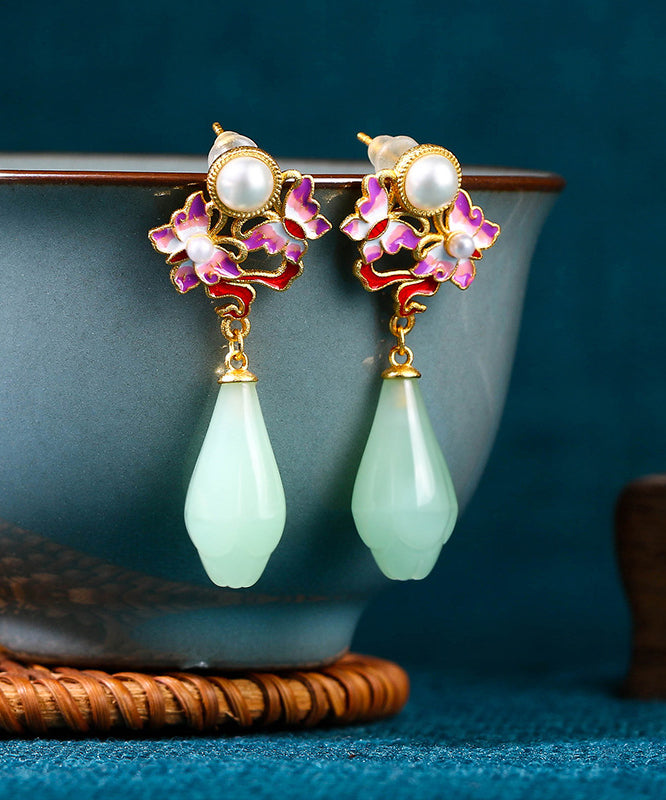 Fine Light Green Copper Overgild Pearl Jade Butterfly Drop Earrings