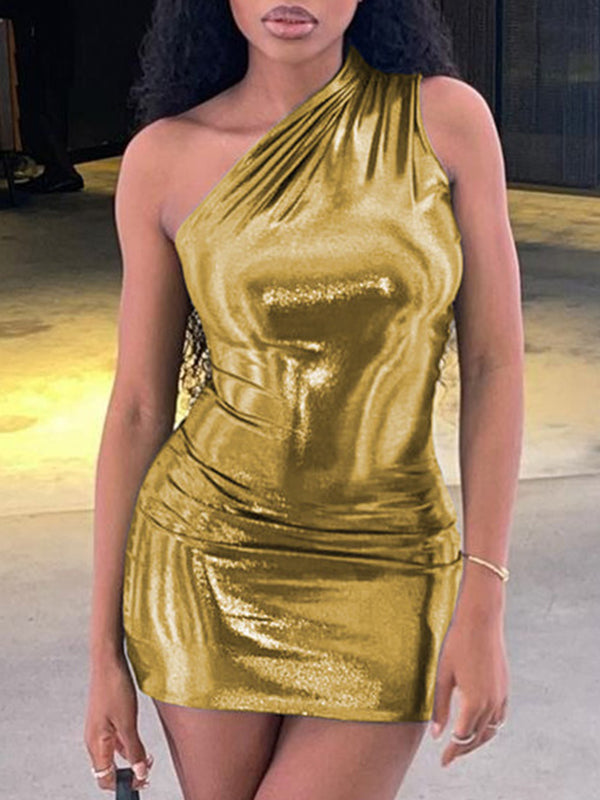 Skinny Asymmetric Shiny Color Split-joint One-shoulder Evening Dresses Mini Dresses