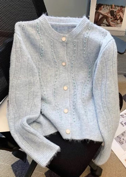 Unique Blue Nail Bead Cotton Knit Cardigans Fall Wd034