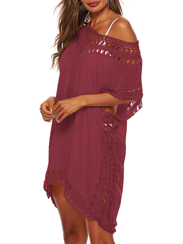 Loose Raglan Sleeve Hollow See-through Color Split-joint V-neck Mini Dresses