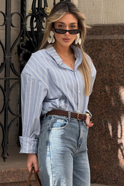 Loose Striped Collared Long Sleeve Blouse