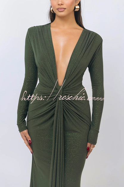 Color Shiny V-neck Long Sleeve Ribbon Slit Slim Fit Maxi Dress