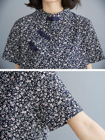 Artistic Retro Printed Stand Collar Short Sleeves Cheongsam Midi Dress