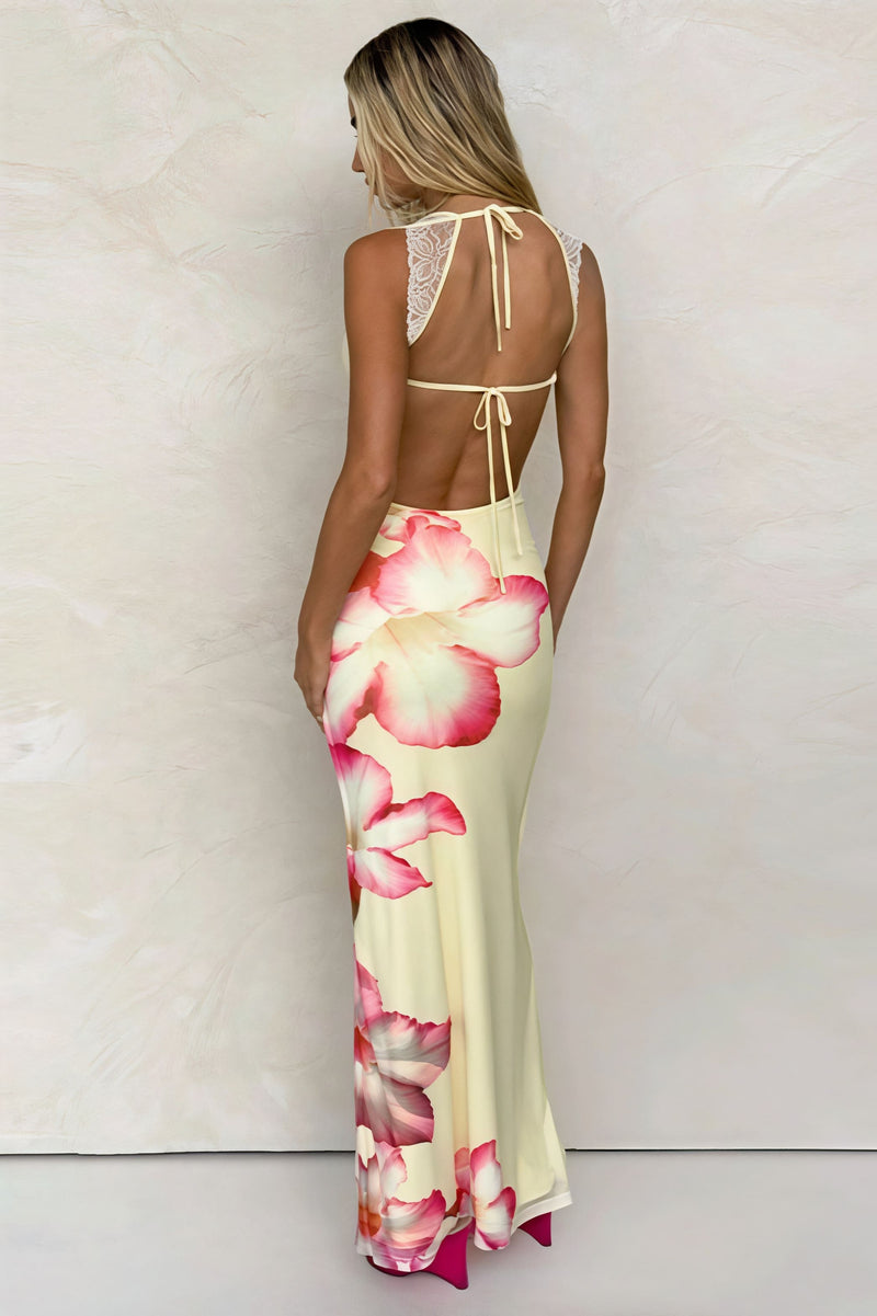 Print Off Shoulder Lace Patchwork Cami Backless Maxi Dress