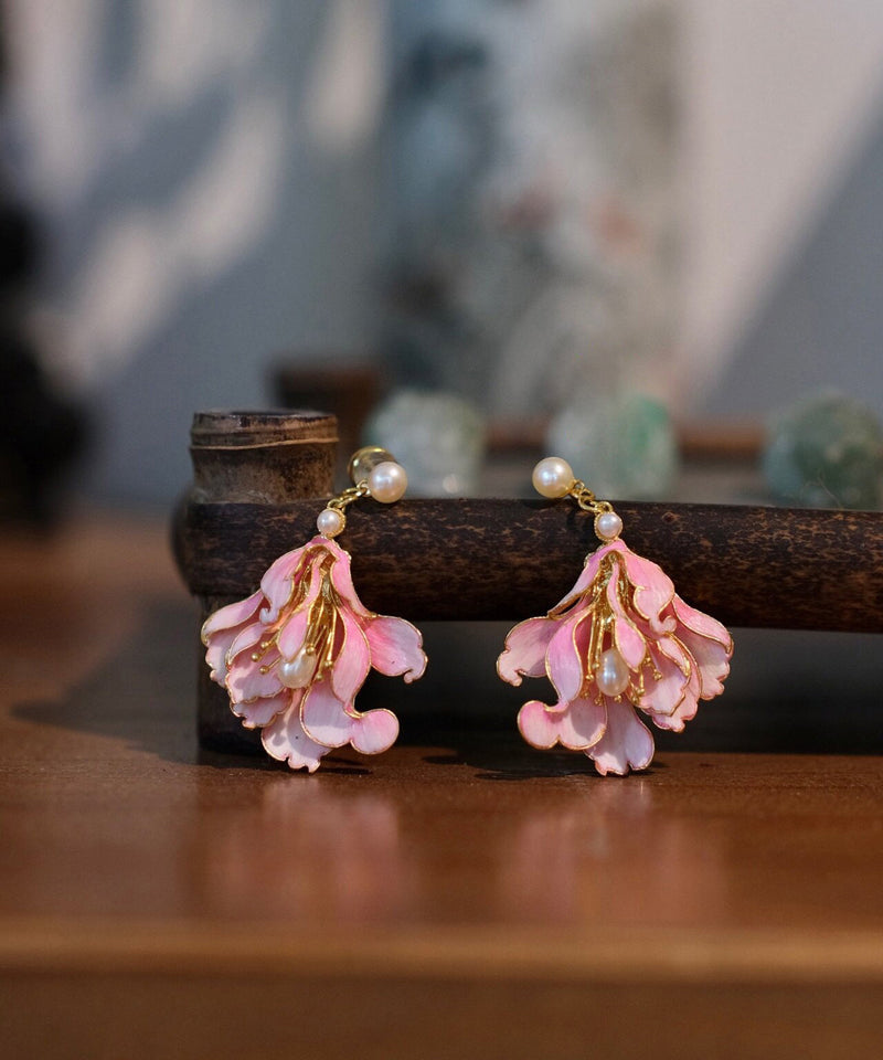 Pink Alloy Pearl Enamel Jade Orchid Drop Earrings