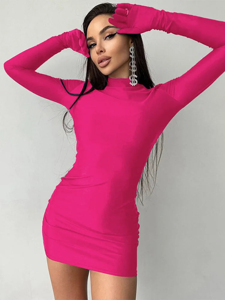 Long Sleeve With Gloves Mini Dress Bodycon Party Half Turtleneck Outfits Y2k Clothes
