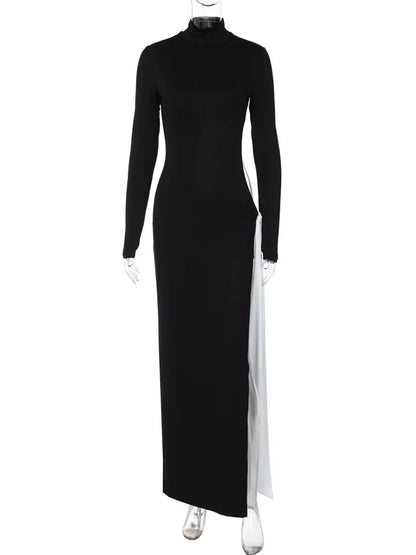 Autumn Hollow Out Contrast Long Dress ’s Bandage Slim Long Sleeve Pleated Dress High Waist Dress