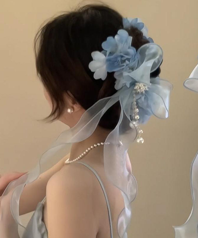 Blue Tulle Bow Pearl Ribbon Hairpin