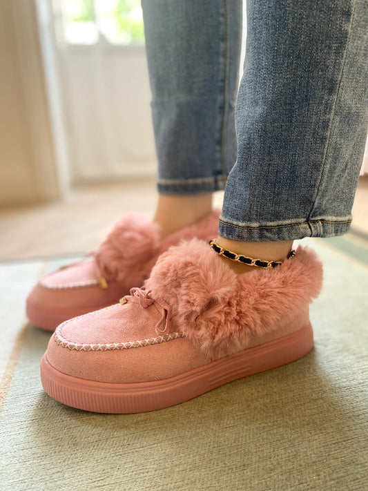 En Bloom | Pink Faux-fur Anklet Yana Moccasin