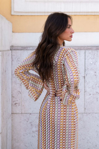 V Neck Bell Sleeve Wavy Striped Crochet Beach Vacation Maxi Dress